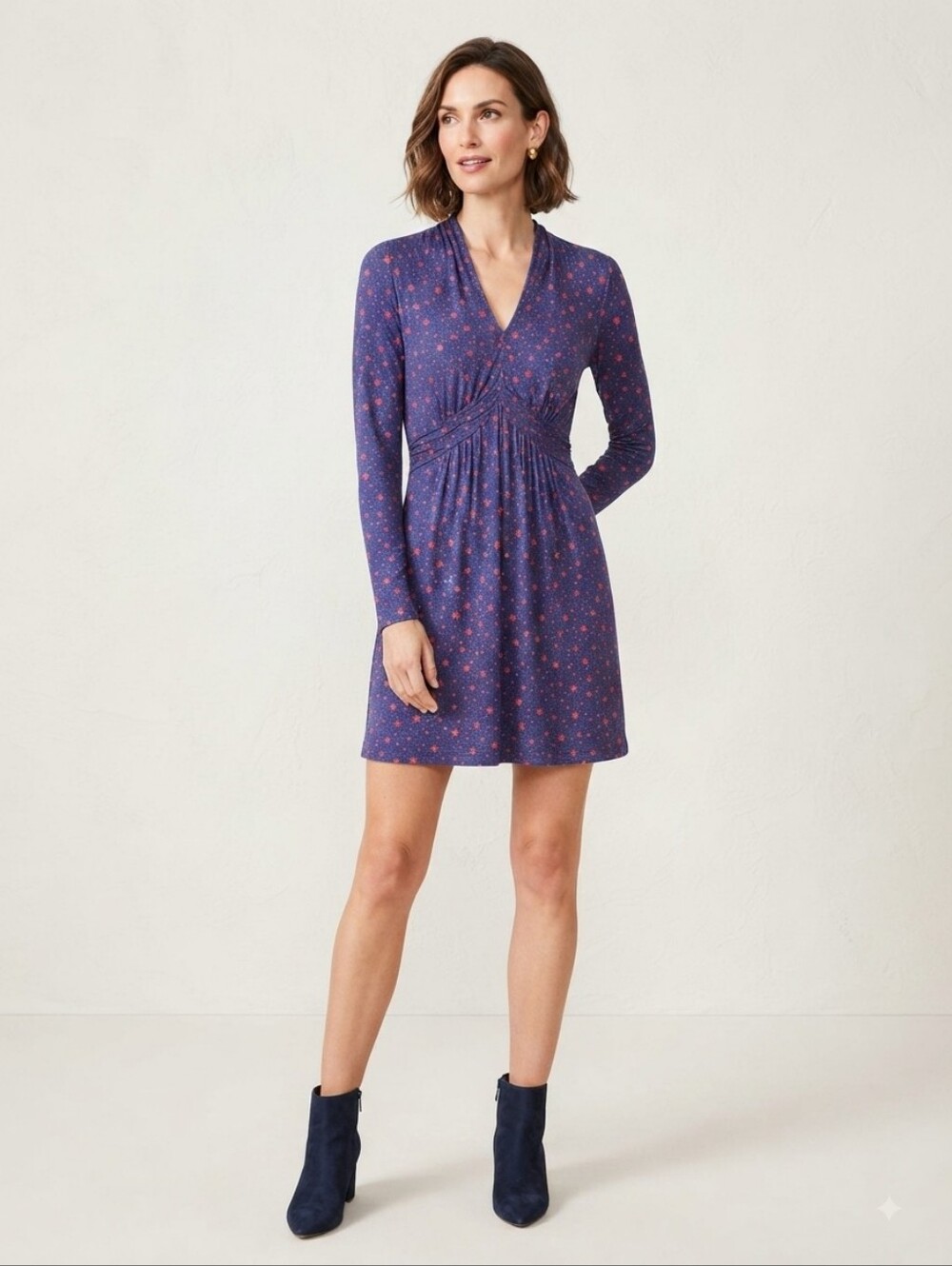 Boden Betty Jersey Long Sleeve Tunic Dress in Blue with Red Stars Size 4